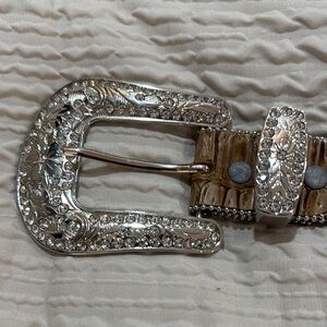 Silver and Brown Western Style Belt with Ornate Buckle